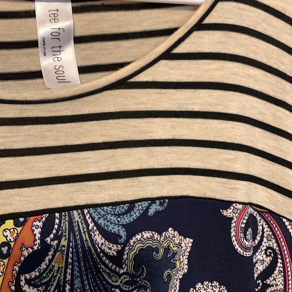 Tee For The Soul Dress, Cream w/Black Stripes & Navy Paisley Design, Small - Picture 3 of 8